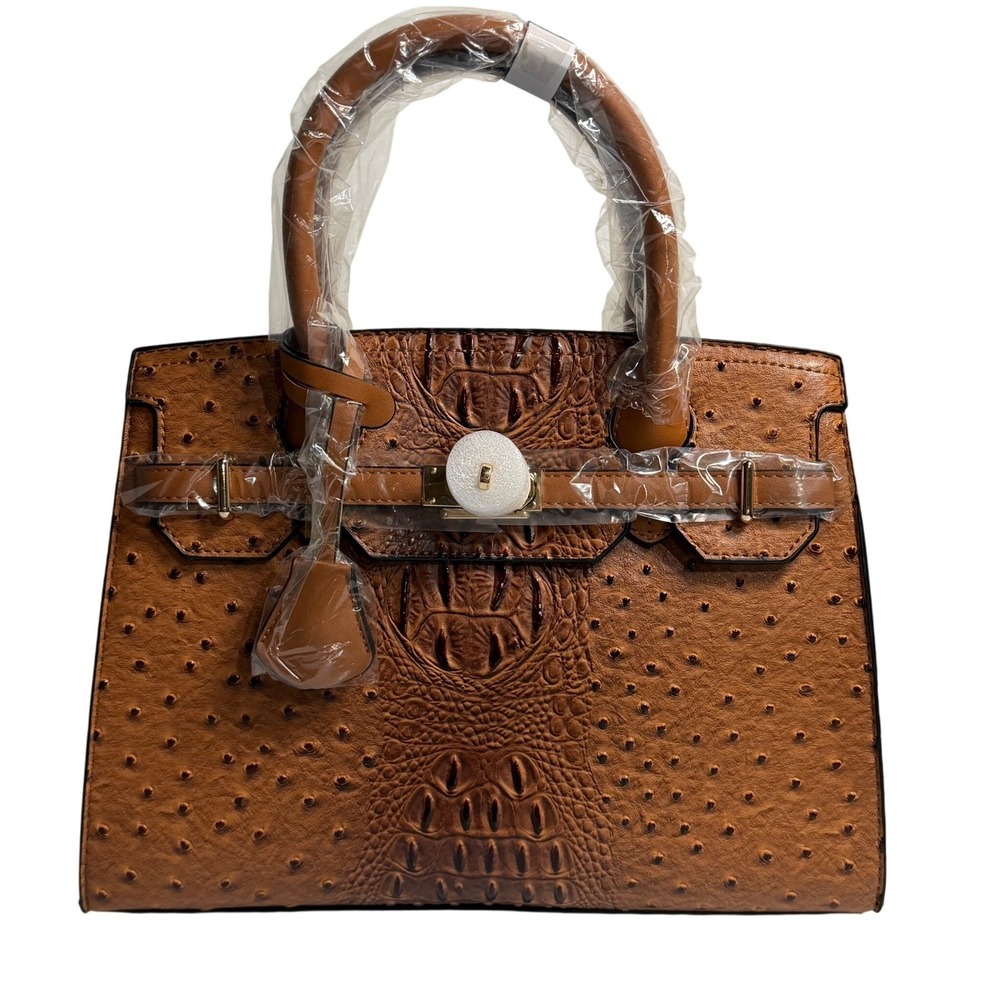 Mellow World Satchel Bag Brown Ostrich Crocodile Embossed Vegan Leather Handbag